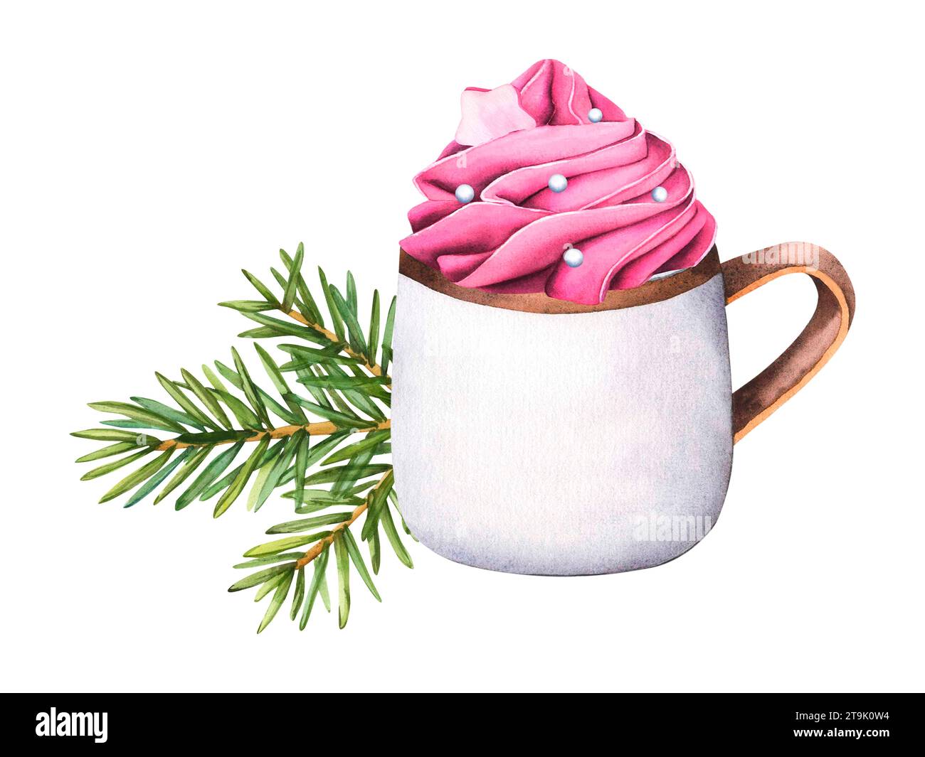Schokoladentasse mit Heißgetränk und Schlagsahne, Süßwaren-Streusel-Topping, Stern und Perlen. Tannenzweige. Aquarell Illustration Kaffeetasse Stockfoto
