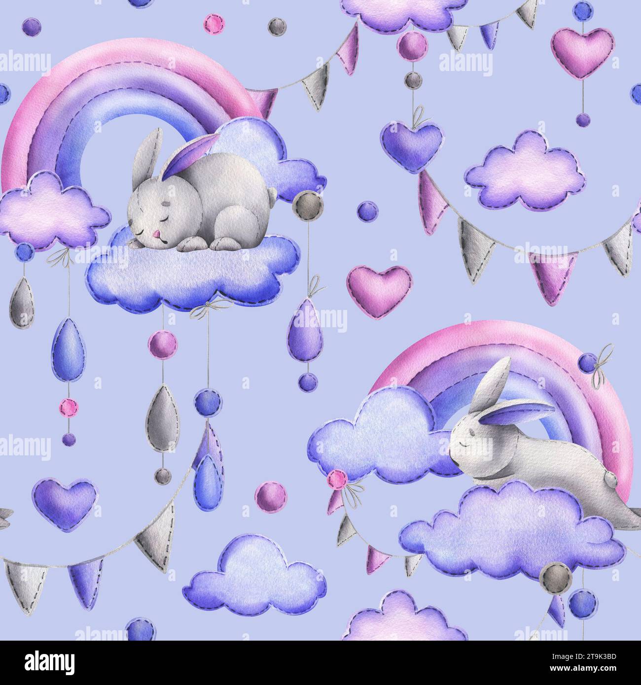 Niedlicher Hase, aus Stoff mit Fadenstichen genäht, schläft auf einem Regenbogen mit Wolken und hängenden Regentropfen. Aquarellzeichnung handgezeichnet Stockfoto