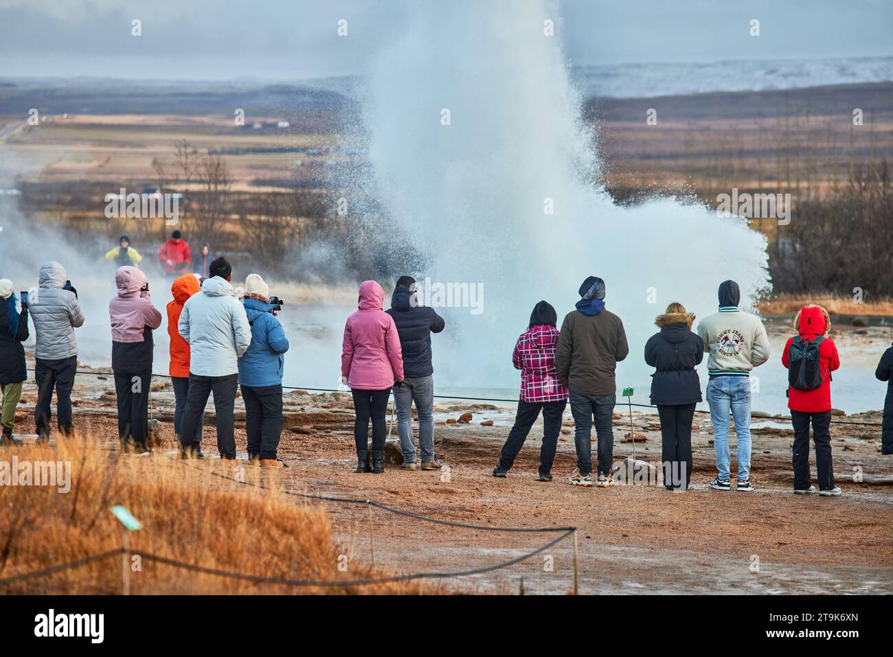 Island, Geysir Hot Springs viel besuchte geothermische Geysir, der alle 8 bis 10 Minuten ausbricht Stockfoto