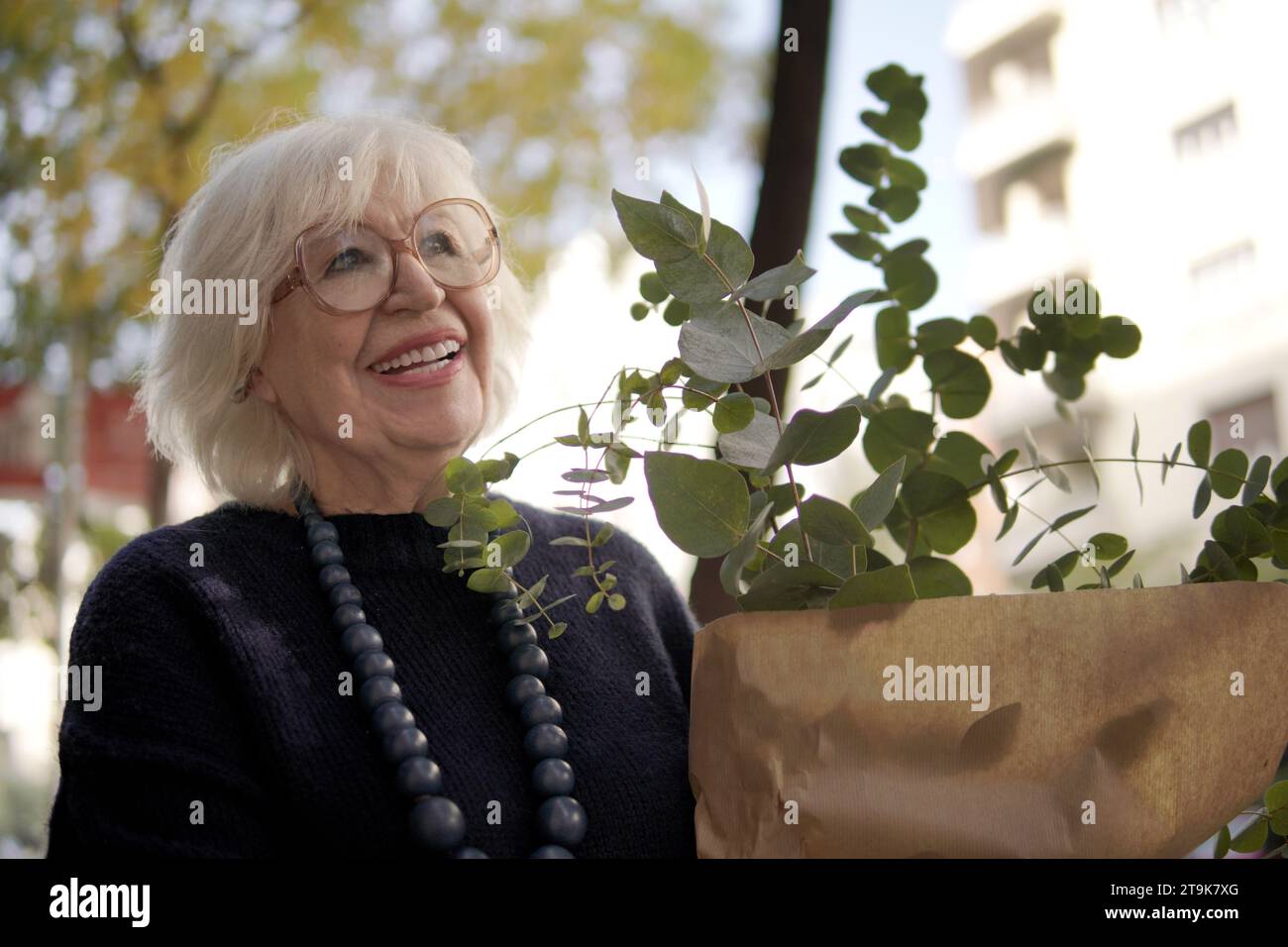 Von unten eine glückliche ältere Frau mit Eukalyptusstrauß im Freien Stockfoto