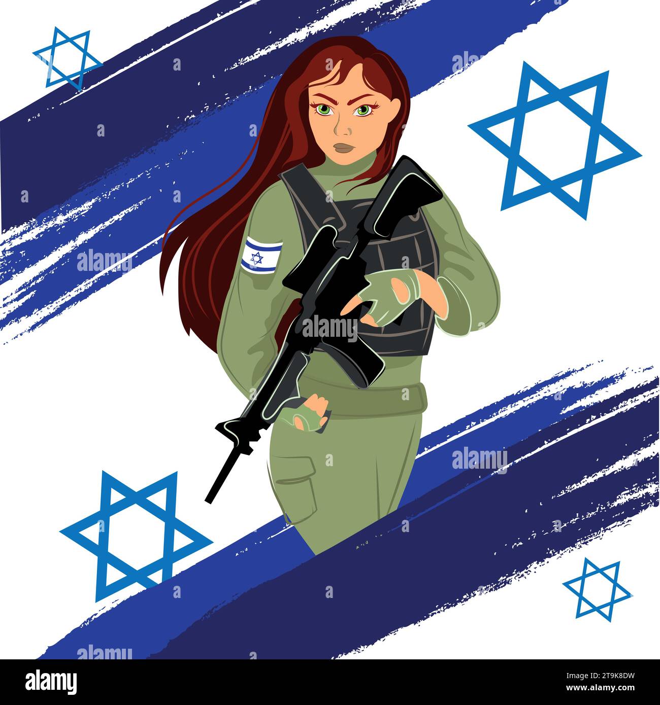 Schönes IDF Mädchen mit einem Maschinengewehr in ihren Händen auf dem Hintergrund der israelischen Flagge Vektor Illustration. Junge israelische jüdische Frau Soldat in Mill Stock Vektor