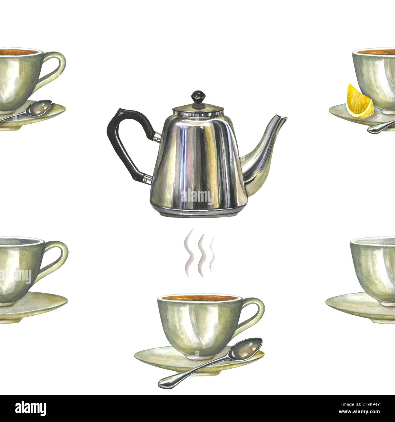 Muster von Aquarellabbildungen einer Metall-Teekanne und Tassen Tee. Handgezeichnet isoliert auf weißem Hintergrund Stockfoto