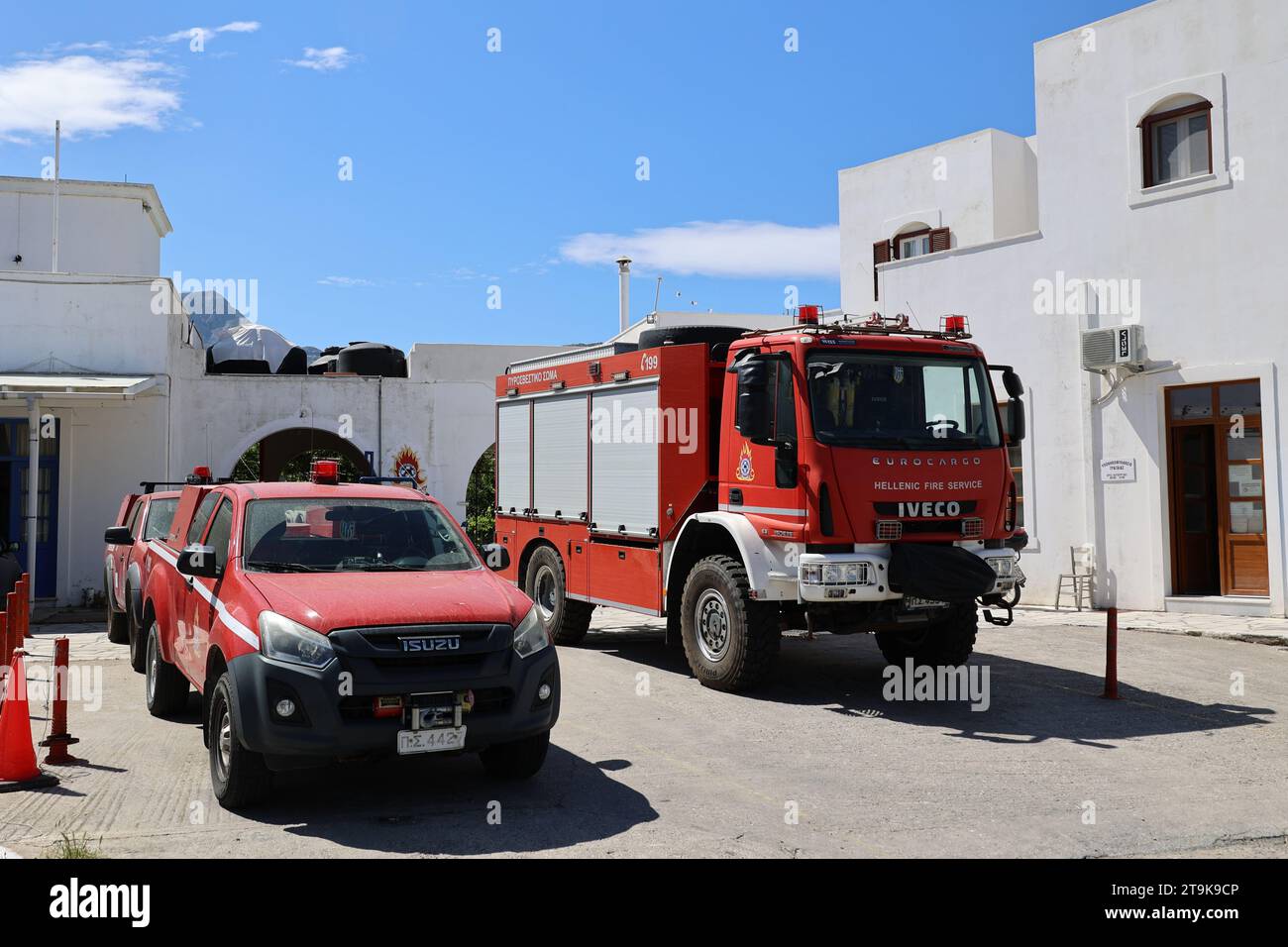 Feuerwehr in der griechischen Kleinstadt Chalkio, Naxos, Griechenland Stockfoto