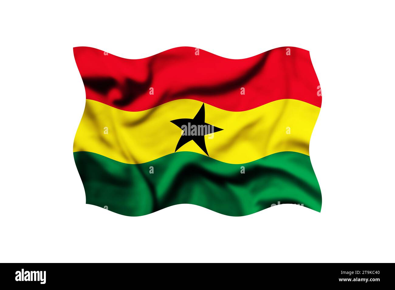 Die Flagge Ghanas winkt im Wind auf weißem Hintergrund. 3D-Rendering. Beschneidungspfad enthalten Stockfoto