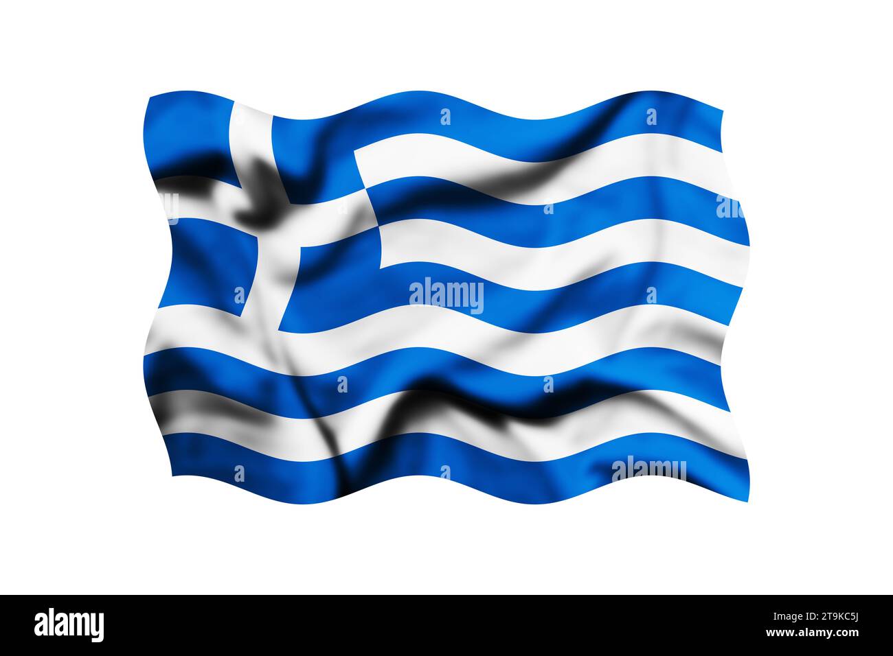 Die Flagge Griechenlands winkt im Wind auf weißem Hintergrund. 3D-Rendering. Beschneidungspfad enthalten Stockfoto