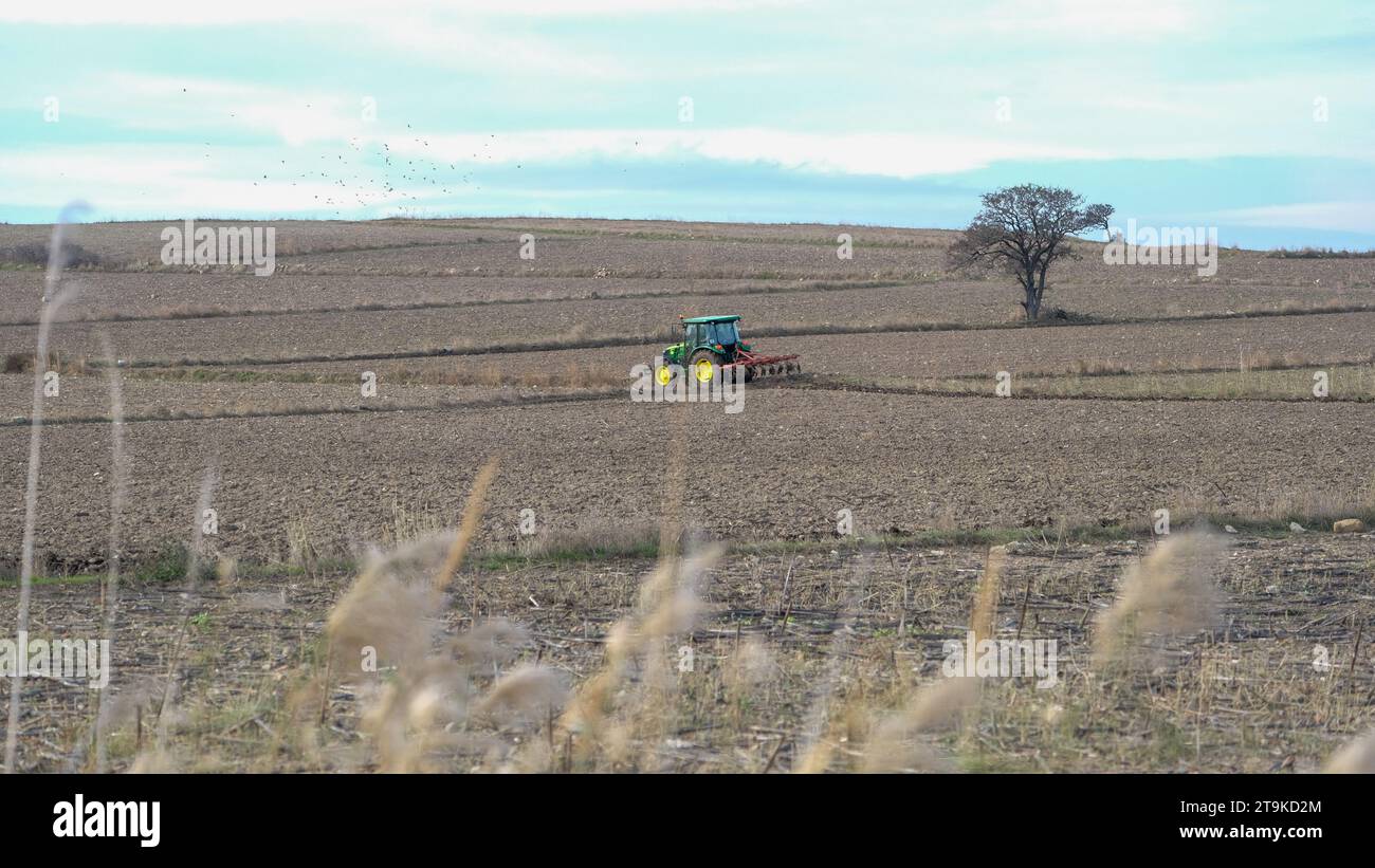 Landwirtschaft Traktor, der Sämaschinen, Pflug, Ackerland bewirtschaftet. Offener Bereich. Stockfoto