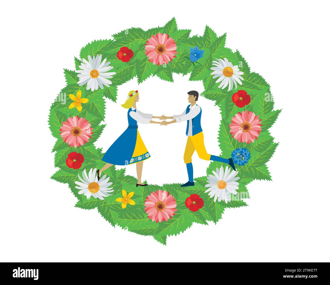 Mann und Frau in traditioneller schwedischer Kleidung tanzen in einem Blumenkranz. Isoliert. Vektorabbildung. Stock Vektor