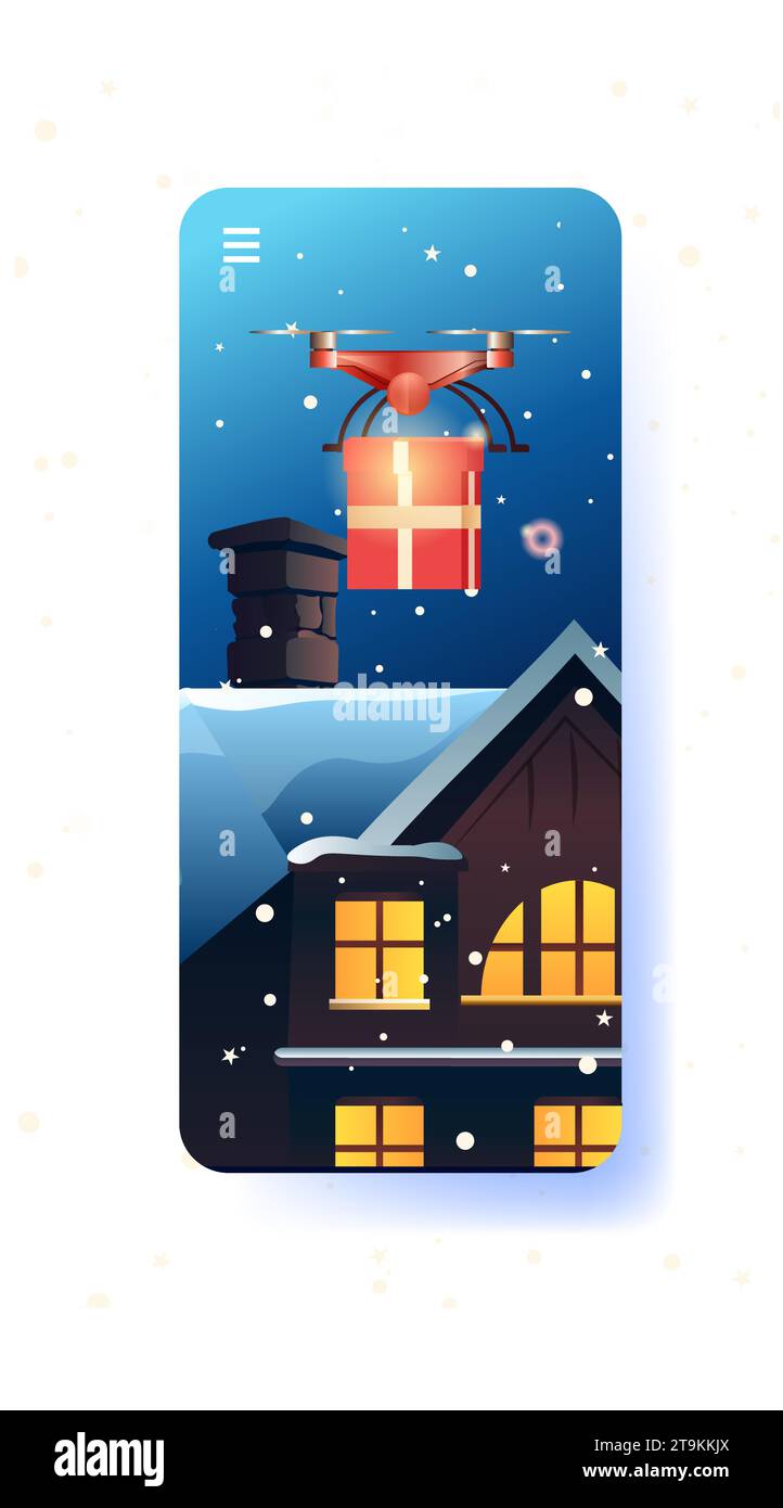 Lieferdrohne mit Geschenkbox auf verschneiten Hausdach Frohe weihnachten Frohe Neujahrsfeiertage Winterferien Flugpostkonzept Stock Vektor
