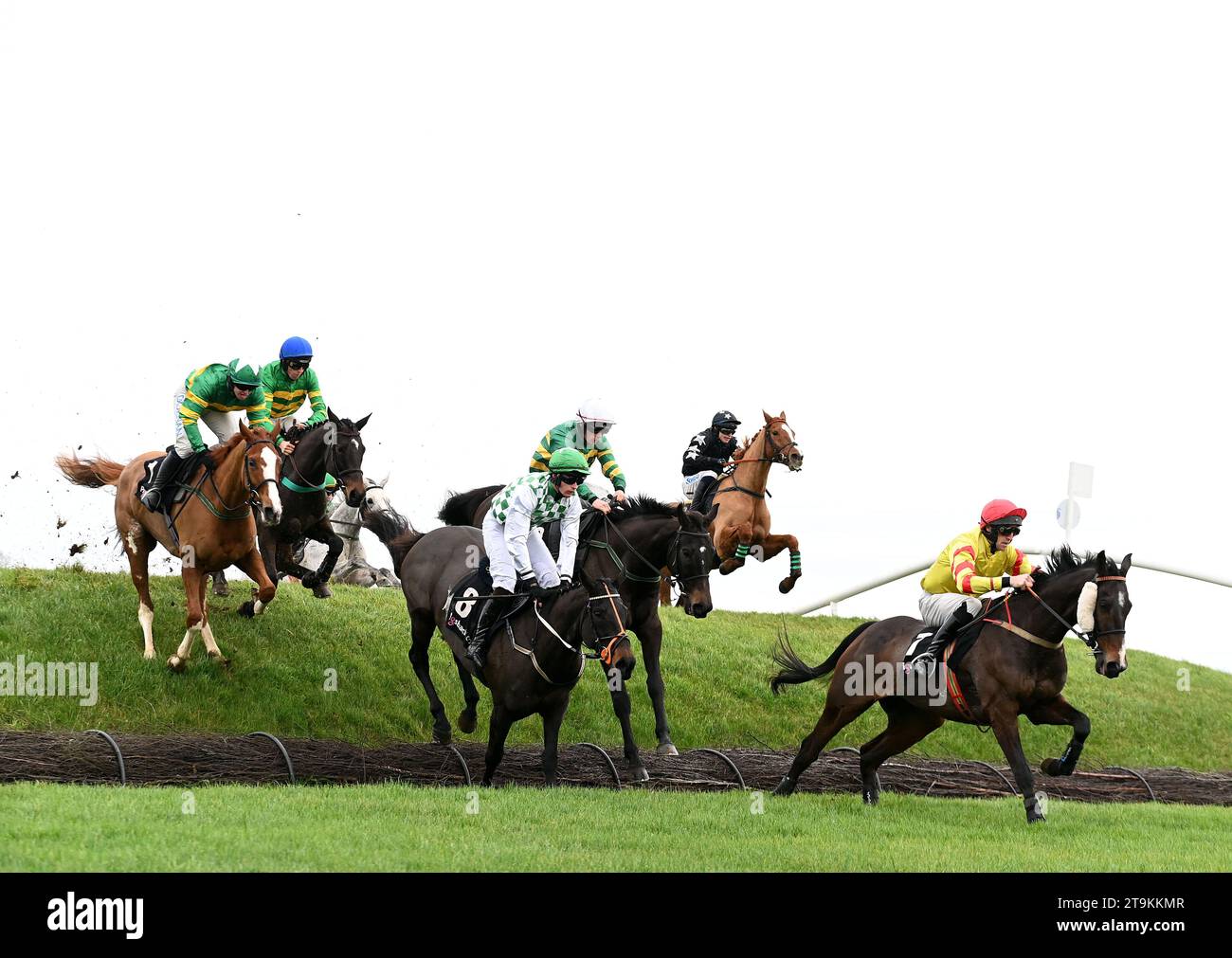 Birchdale und Simon Torrens (White Cap Centre) räumen Ruby's Double Bank auf dem Weg, das Risiko von Thunder Chase Pigsback.com am zweiten Tag des Punchestown Winter Festivals auf der Punchestown Racecourse zu gewinnen. Bilddatum: Sonntag, 26. November 2023. Stockfoto