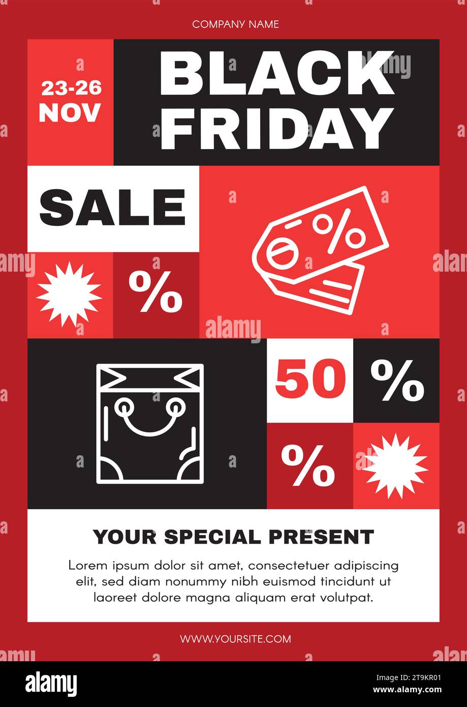 Vertikale Posterschablone Black Friday A4 rot schwarz mit attraktiven Aufschriften, Rabatten, Geschenkgutscheinen und Promotiondaten. Vorlage für Black Frida Stock Vektor