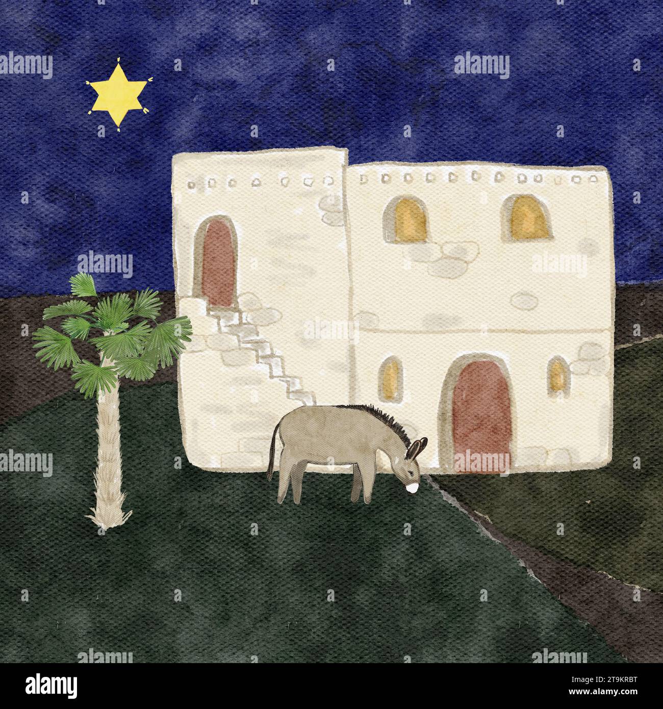 Handgemaltes Aquarell Bethlehem, Esel, Weihnachtsstern isoliert auf weiß Stockfoto