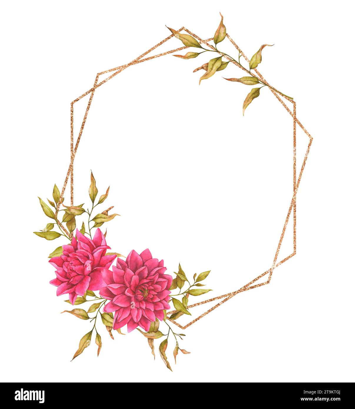 Goldener polygonaler Blumenrahmen aus Dahlien, Laub, getrockneten Blüten und Hüftrosen. Aquarelldesign für Karten, Einladungen, Ankündigungen usw. Mi Stockfoto