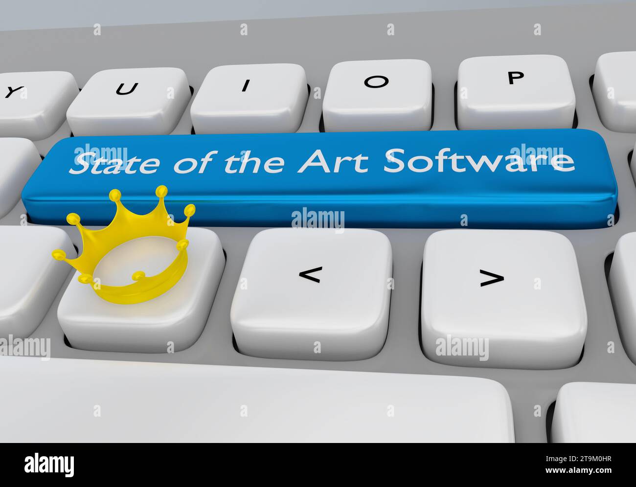 3D-Illustration einer Computertastatur mit goldener Krone, mit dem Skript State of the Art Software. Stockfoto