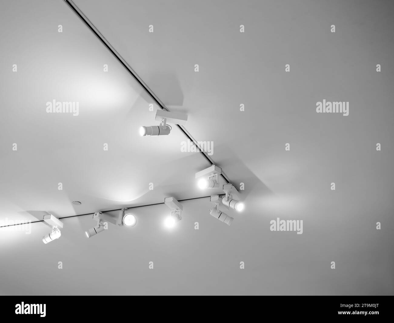 Galeriebeleuchtung, weiße LED-Bilderleuchten für Kunstgemälde oder Fotografie. Moderne Schienenleuchten aus Edelstahl, die an der weißen Deckenrückseite hängen Stockfoto