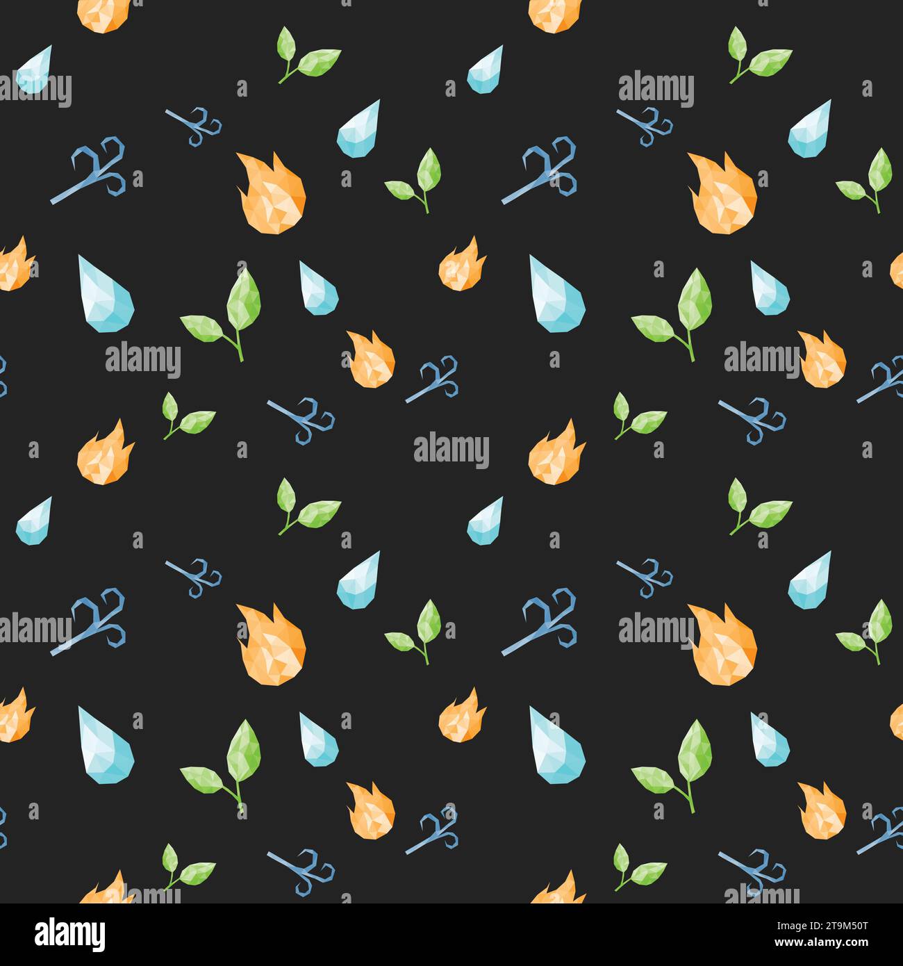 Nahtloser Hintergrund der Polygon-Ikone mit 4 Naturelementen: Wasser, Feuer, Luft, Erde Stock Vektor