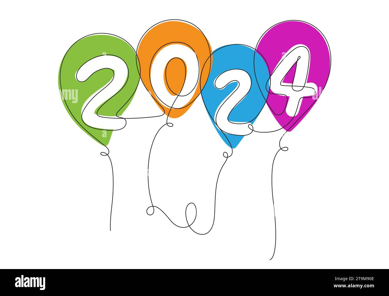 Durchgehende Linienzeichnung 2024 Ballons aufblasbare Dekoration und minimalistischer Feiertag Stock Vektor
