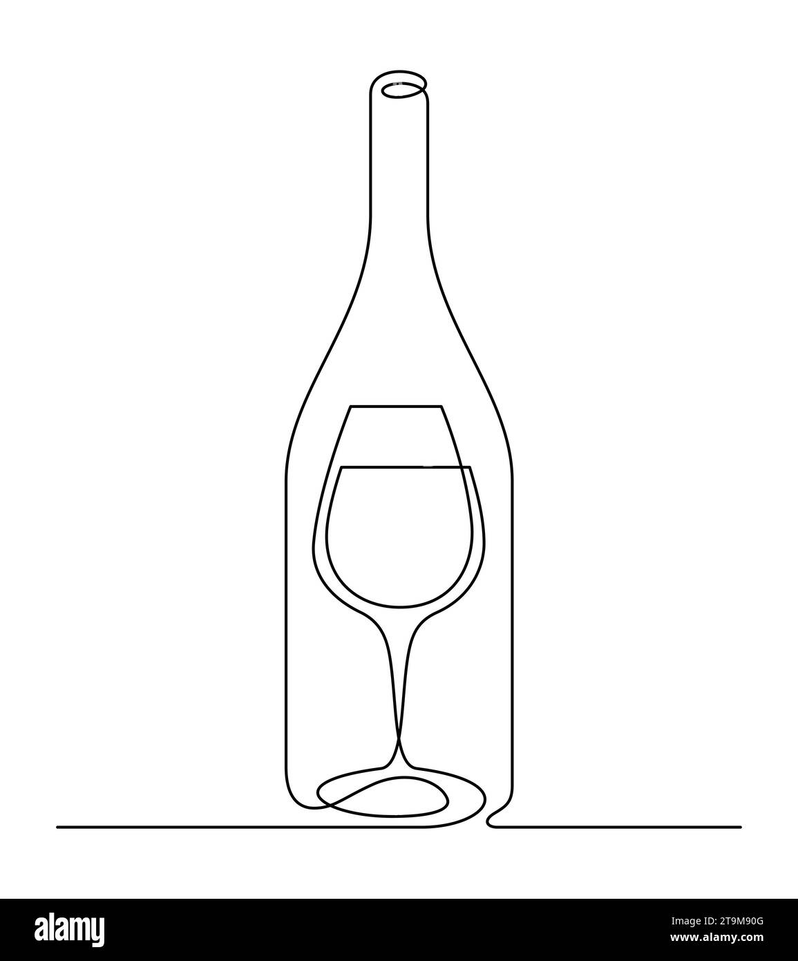 Wein Minimalismus dünne Linie Kunst kontinuierliche Glaswaren und Flasche Vektor Illustration Stock Vektor