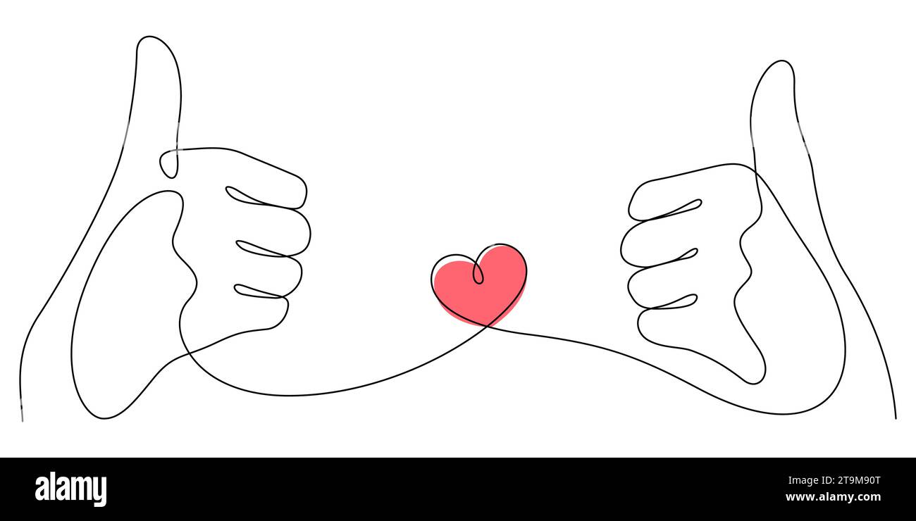 Daumen nach oben in einer Zeile Zeichnung Liebe Geste und Herz Minimalismus Konzept Vektor Illustration Stock Vektor