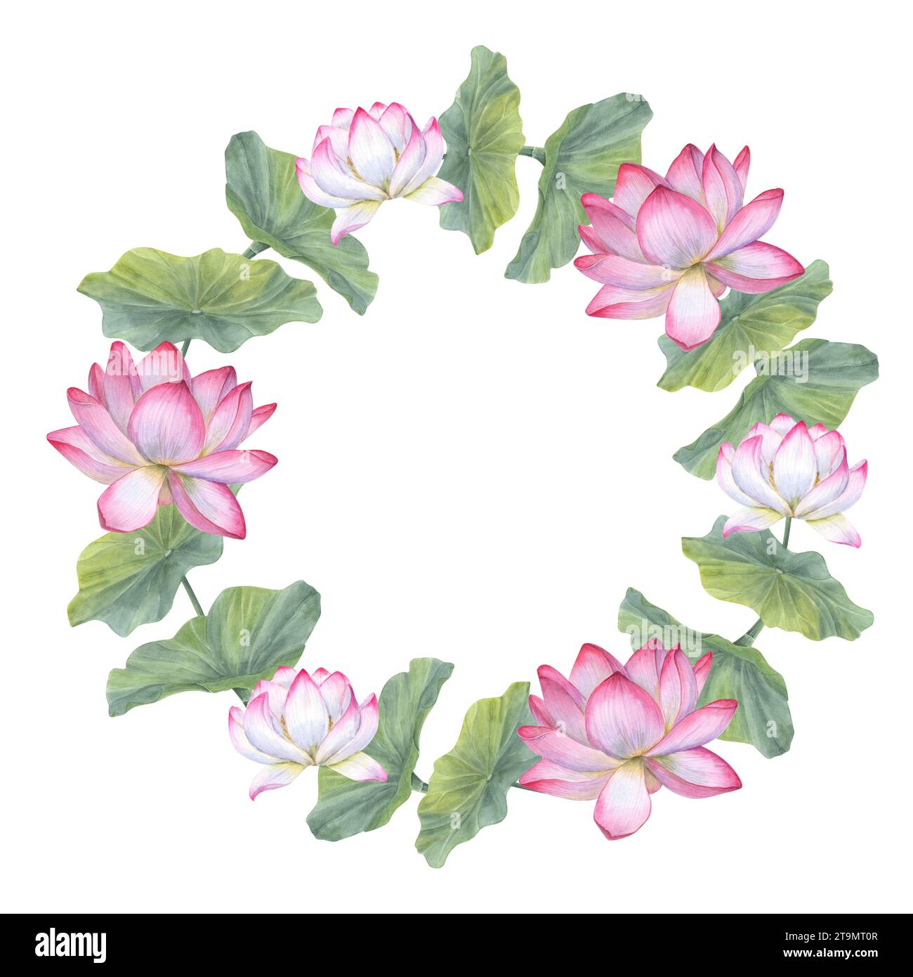 Kranz mit blühendem rosa weißen Lotus, Blätter. Wasserlilie. Indischer Lotus, grünes Blatt, heiliger Lotus. Aquarellabbildung. Leerzeichen für Text. Stockfoto