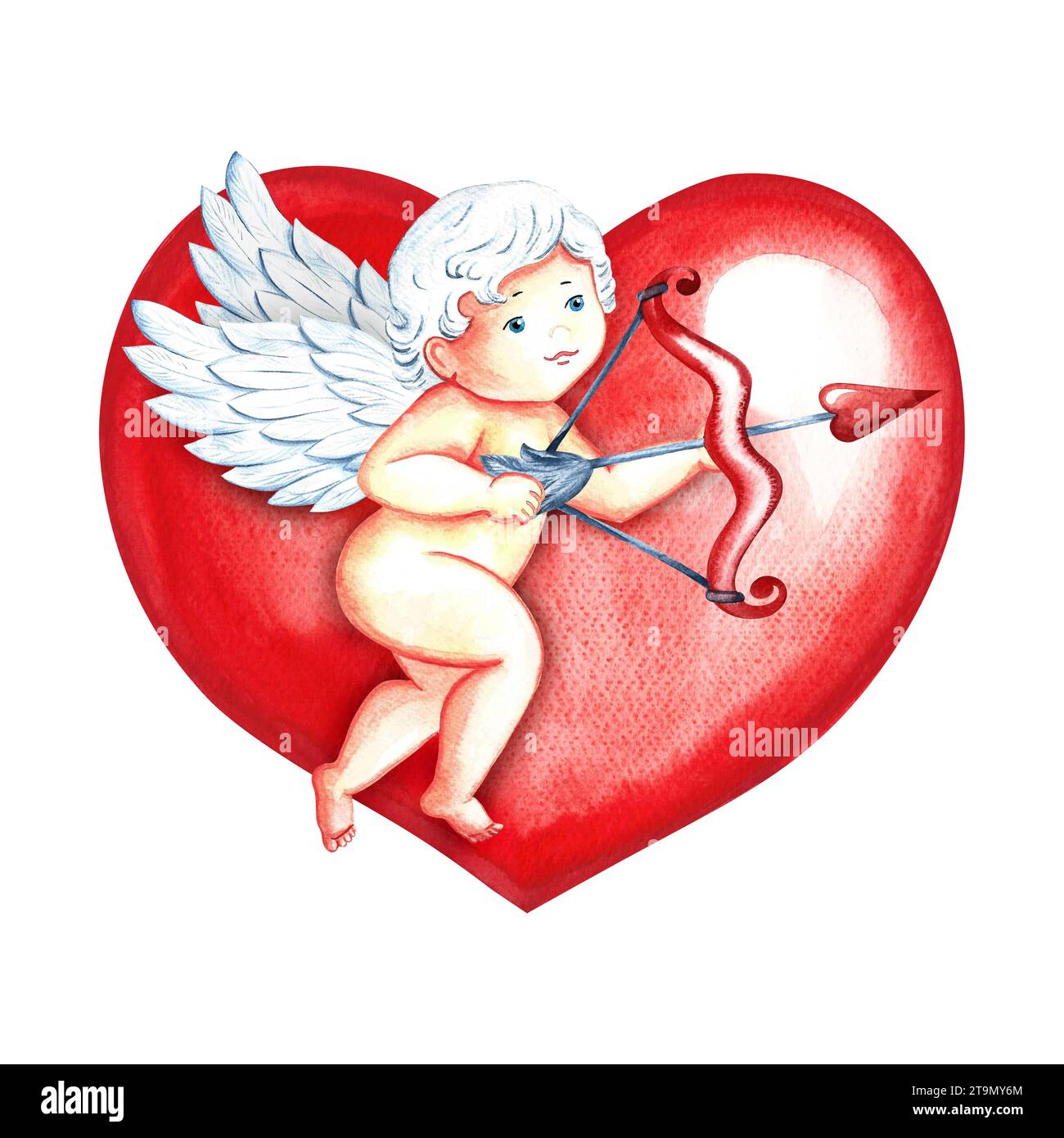 Ein fliegende Amulett mit Bogen und Pfeilen auf dem Hintergrund eines roten Herzens. Handgezeichnete Aquarellillustration. Zum Valentinstag und zur Hochzeit. Für Packag Stockfoto