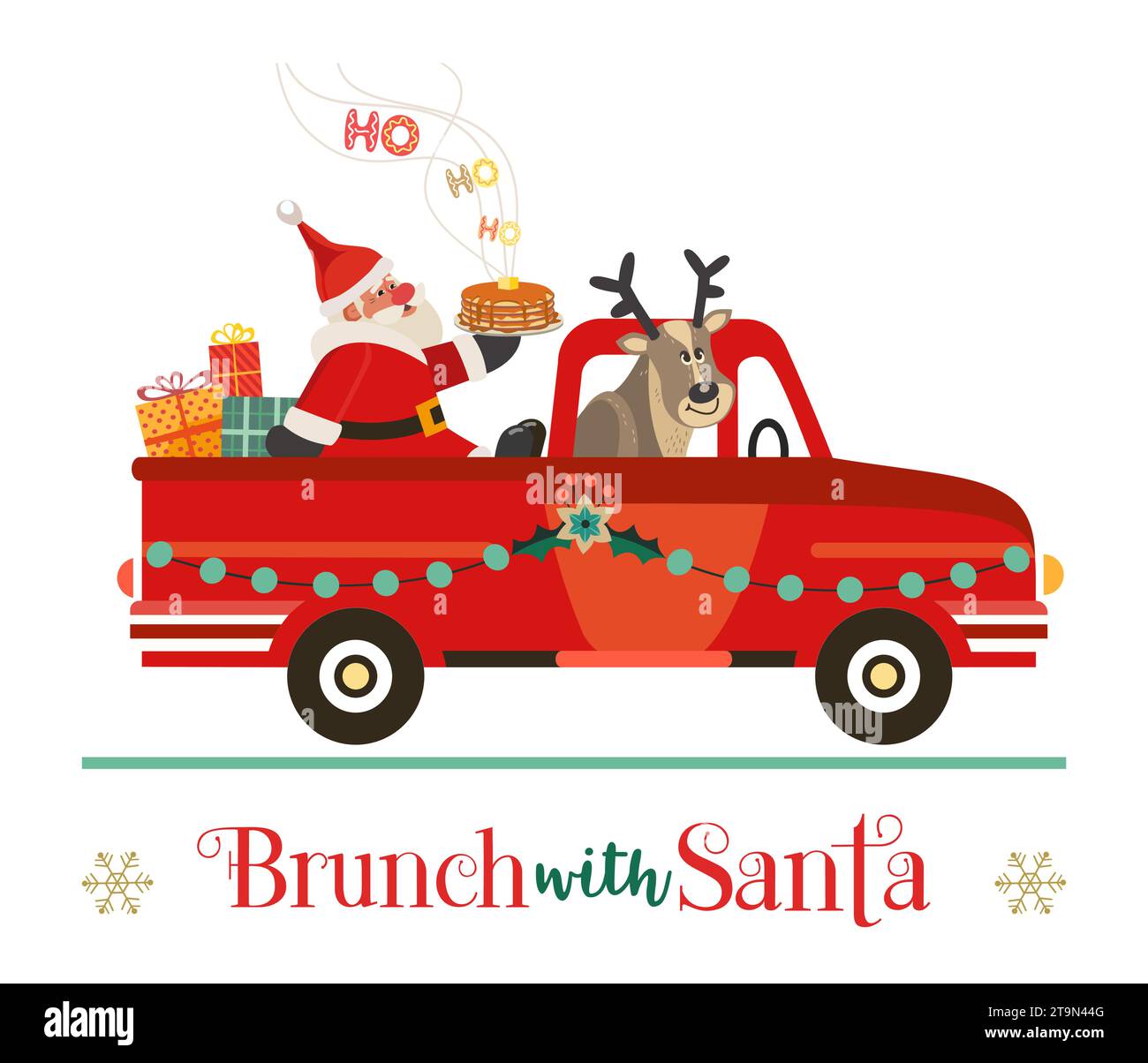 Brunch mit festlichem Vektor-Plakat. Der süße Weihnachtsmann liefert Pfannkuchen im roten Truck. Lustiges Frühstück Weihnachten Kinder genießen es. Silvesterfest Stock Vektor