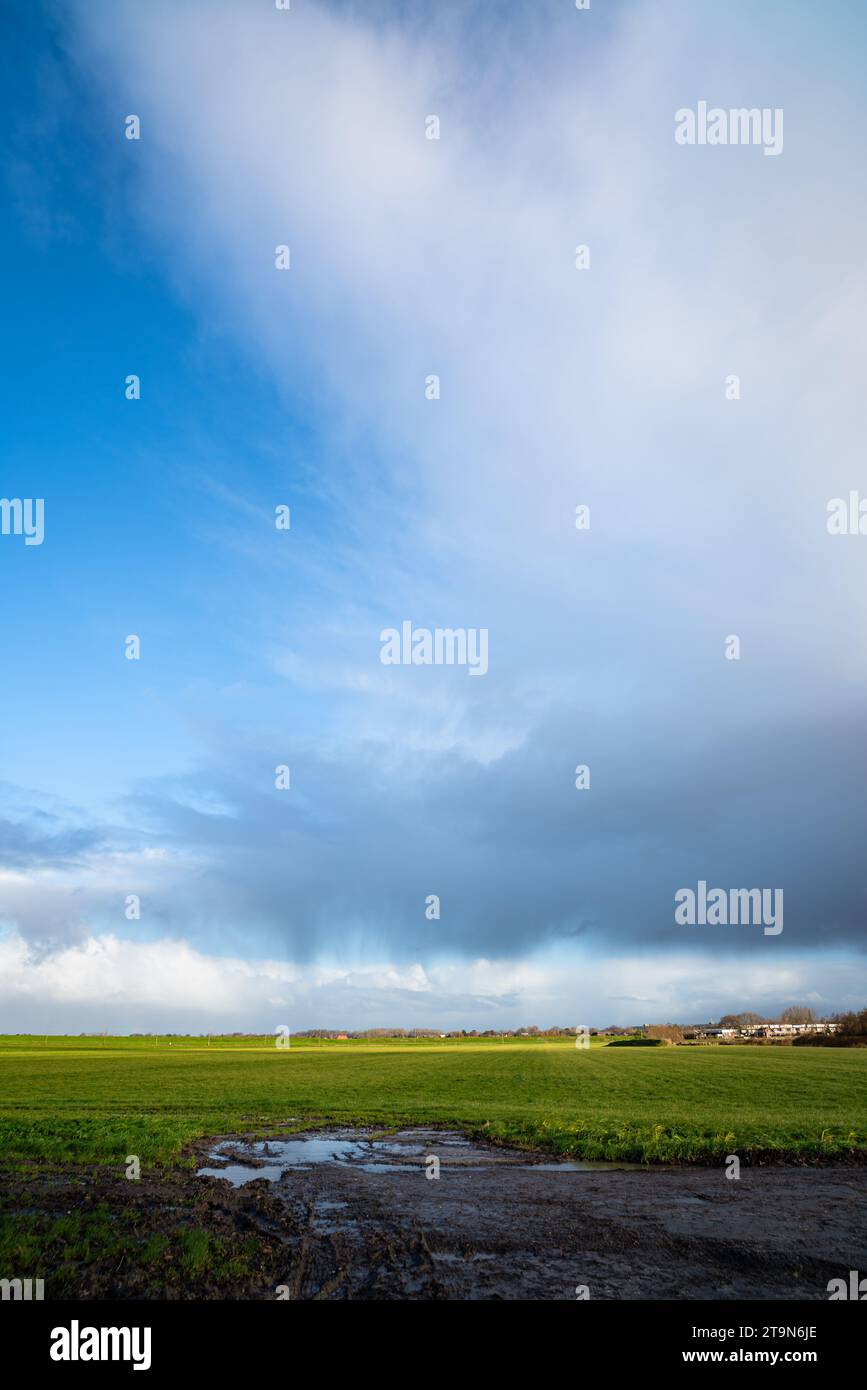 Die Regendusche mit Regenstreifen über die niederländische Landschaft Stockfoto