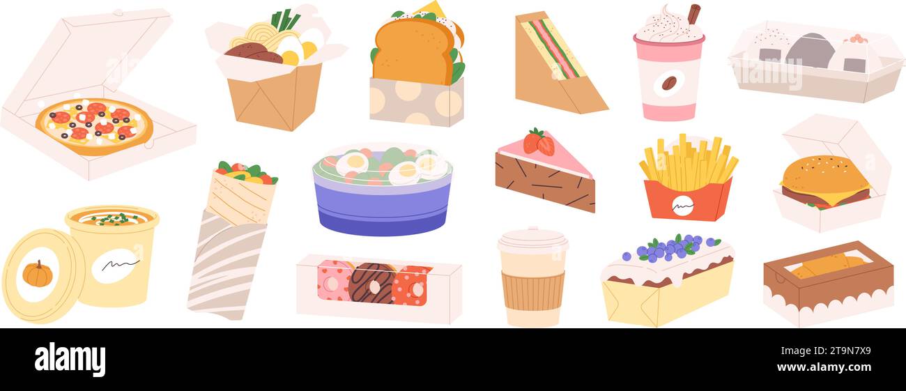 Essen und Kaffee zum Mitnehmen. Sandwiches und Salate, Pizza zum Mitnehmen und Sushi. Nehmen Sie Mahlzeitenkarton oder Papier und Plastikverpackungen und -Behälter heraus, rassige Vektor Stock Vektor