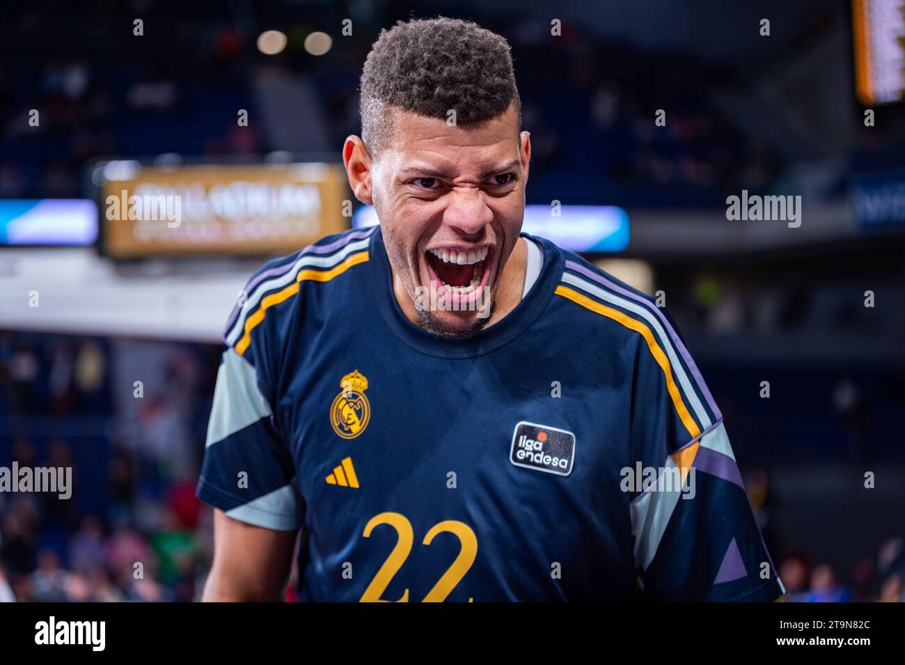 Madrid, Spanien. November 2023. Edy Tavares von Real Madrid reagiert vor dem Liga-Endesa-Spiel zwischen Real Madrid und Morabanc Andorra im Wizink Center. Endergebnis: Real Madrid 85:76 Morabanc Andorra. Quelle: SOPA Images Limited/Alamy Live News Stockfoto