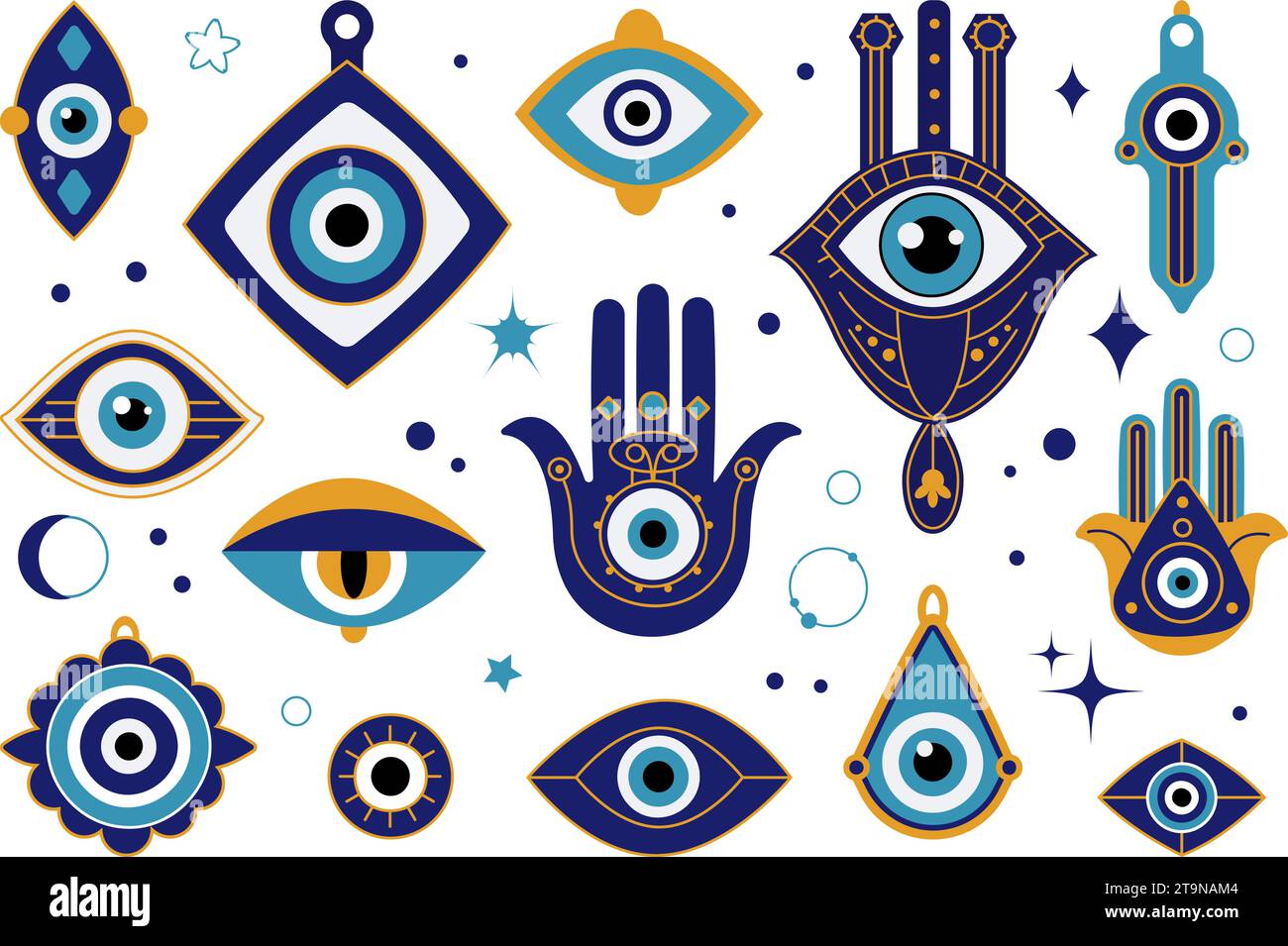 Böse Augenamulette. Esoterische türkische oder griechische blaue Augen Talisman. Magischer Schutz, heilige Symbole und Religionssymbole. Anständige Vektor-Fantasy-Sammlung Stock Vektor