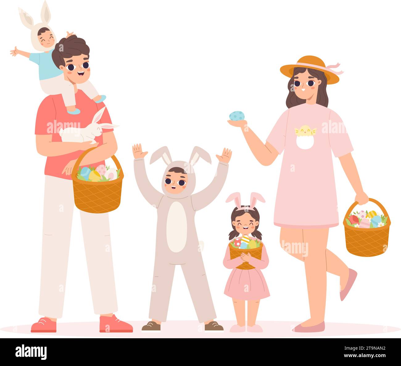 Osterfamilienporträt. Glückliche Eltern mit Kindern in Häschenkostümen tragen festliche dekorative Eierkörbe. Cartoon heilige Feiertage kuscheliger Vektor Stock Vektor