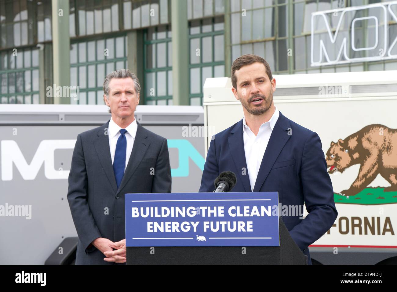 Richmond, KALIFORNIEN - 25. Mai 2023: Paul Huelskamp, CEO Mitbegründer von Moxion Power, sprach bei einer Pressekonferenz mit Gov Gavin Newsom über Calif Stockfoto