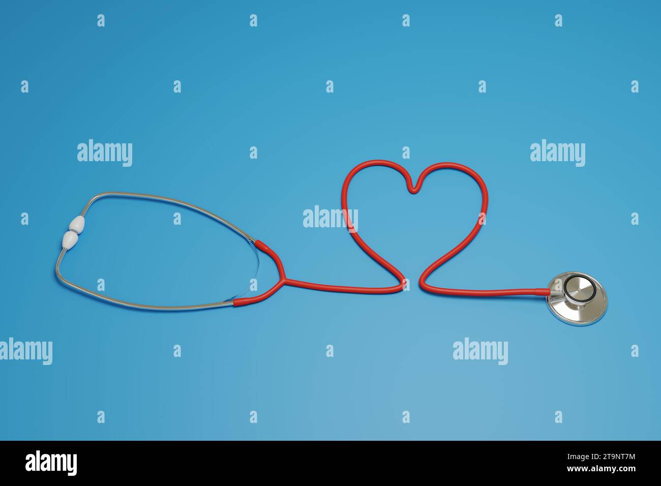 Stethoskop, das Herz auf blauem Hintergrund formt. Kardiologiekonzept. 3D-Abbildung. Stockfoto