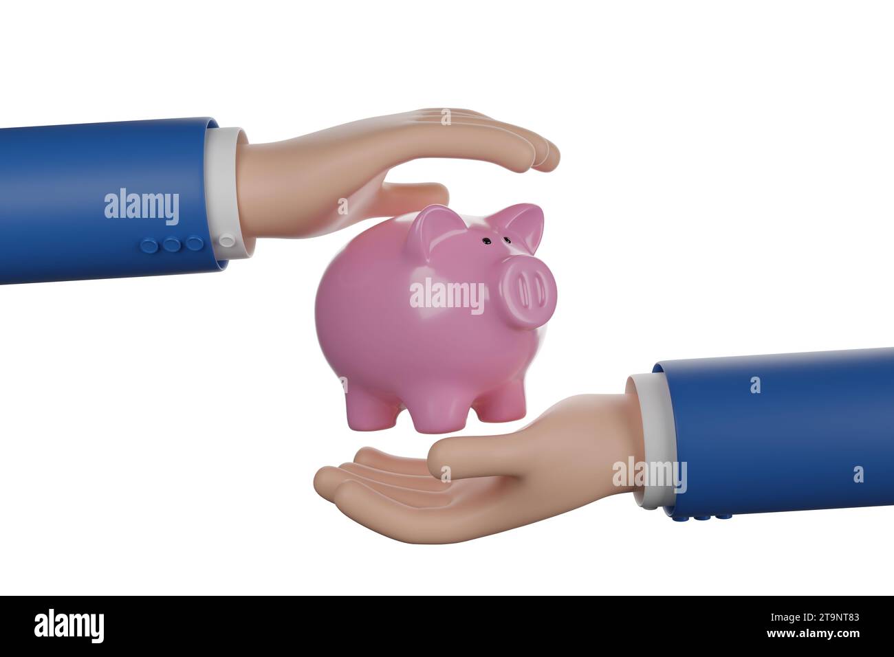 Cartoon-Hände, die eine Schweinebank schützen. 3D-Abbildung. Stockfoto