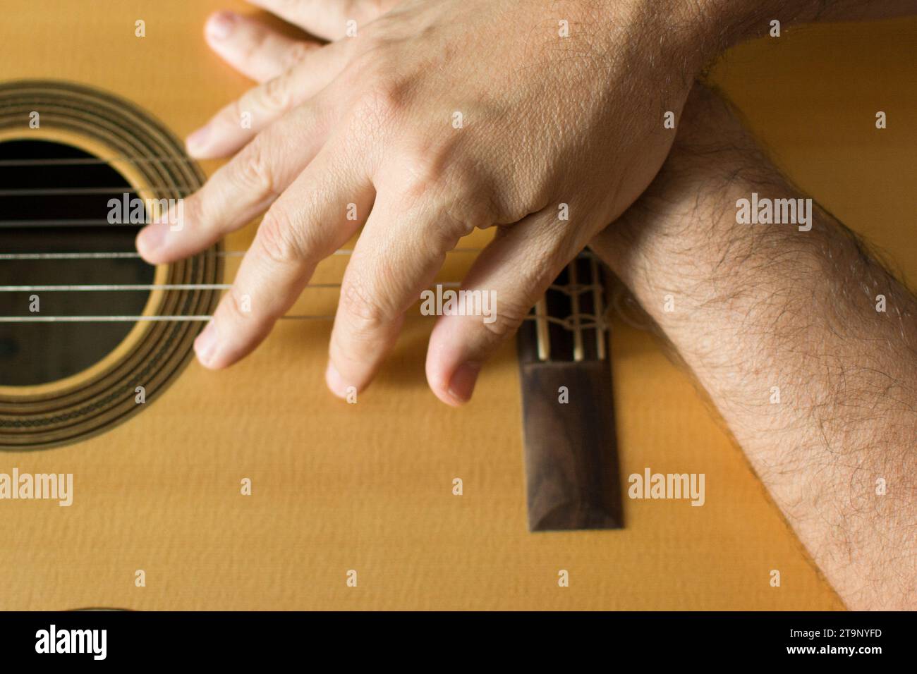 Hände auf einer klassischen Gitarre. Hochwertige Musik Stockfoto