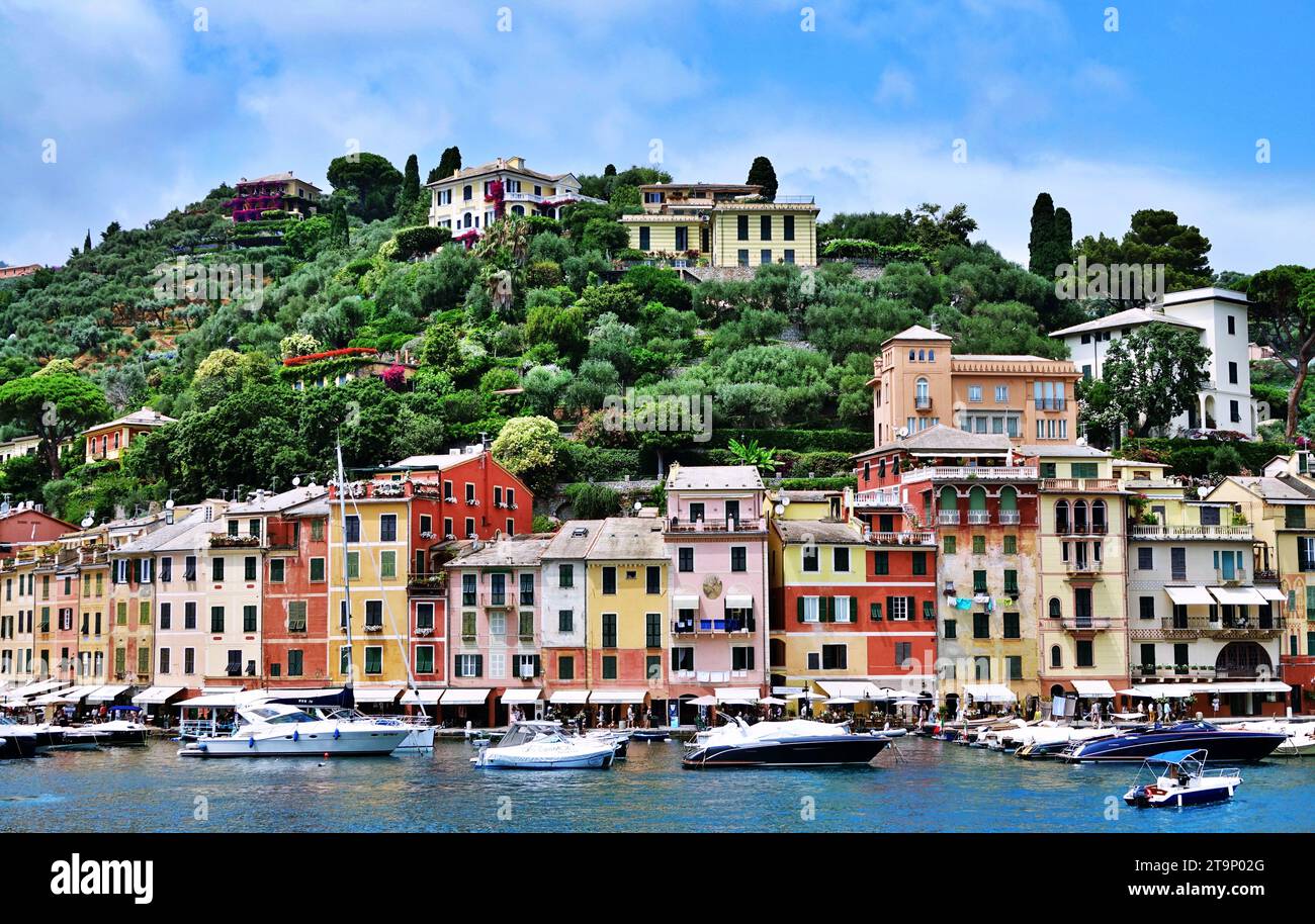 Die Häuser und Boote am Hafen von Portofino an der italienischen Riviera. Portofino, Genua, Ligurien Stockfoto