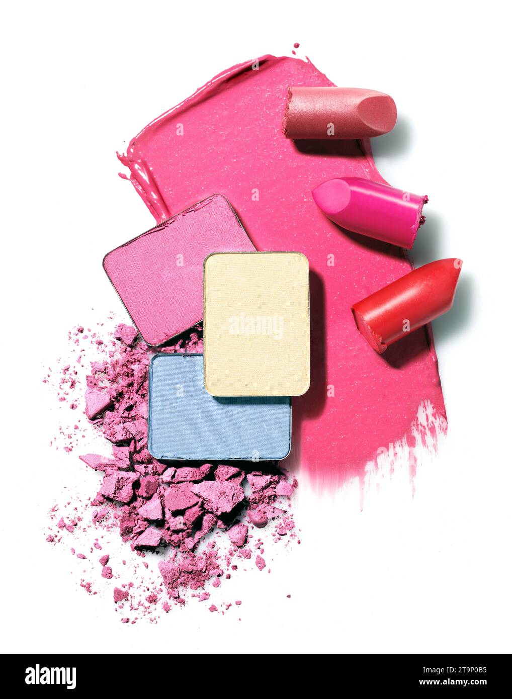 Pink Red Lippenstift und Lidschatten Textur isoliert auf weißem Hintergrund. Kosmetikabstriche Stockfoto