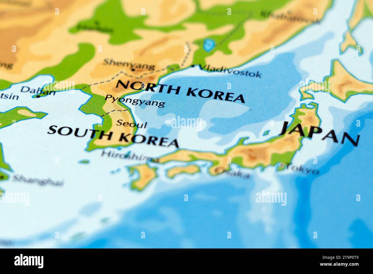 Weltkarte der asiatischen Länder, Nord- und südkorea und japan aus nächster Nähe Stockfoto
