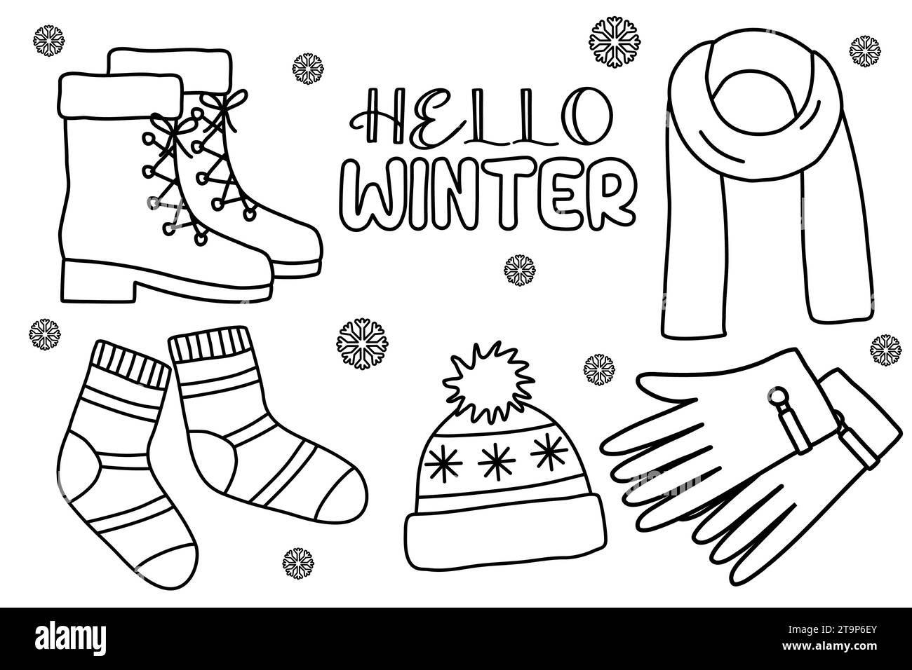 Set aus Schnürstiefeln, Schal, Socken, Mütze und Handschuhen, warmes Winterzubehör, Doodle-Stil flache Vektor-Umrissillustration für Kinder Malbuch Stock Vektor