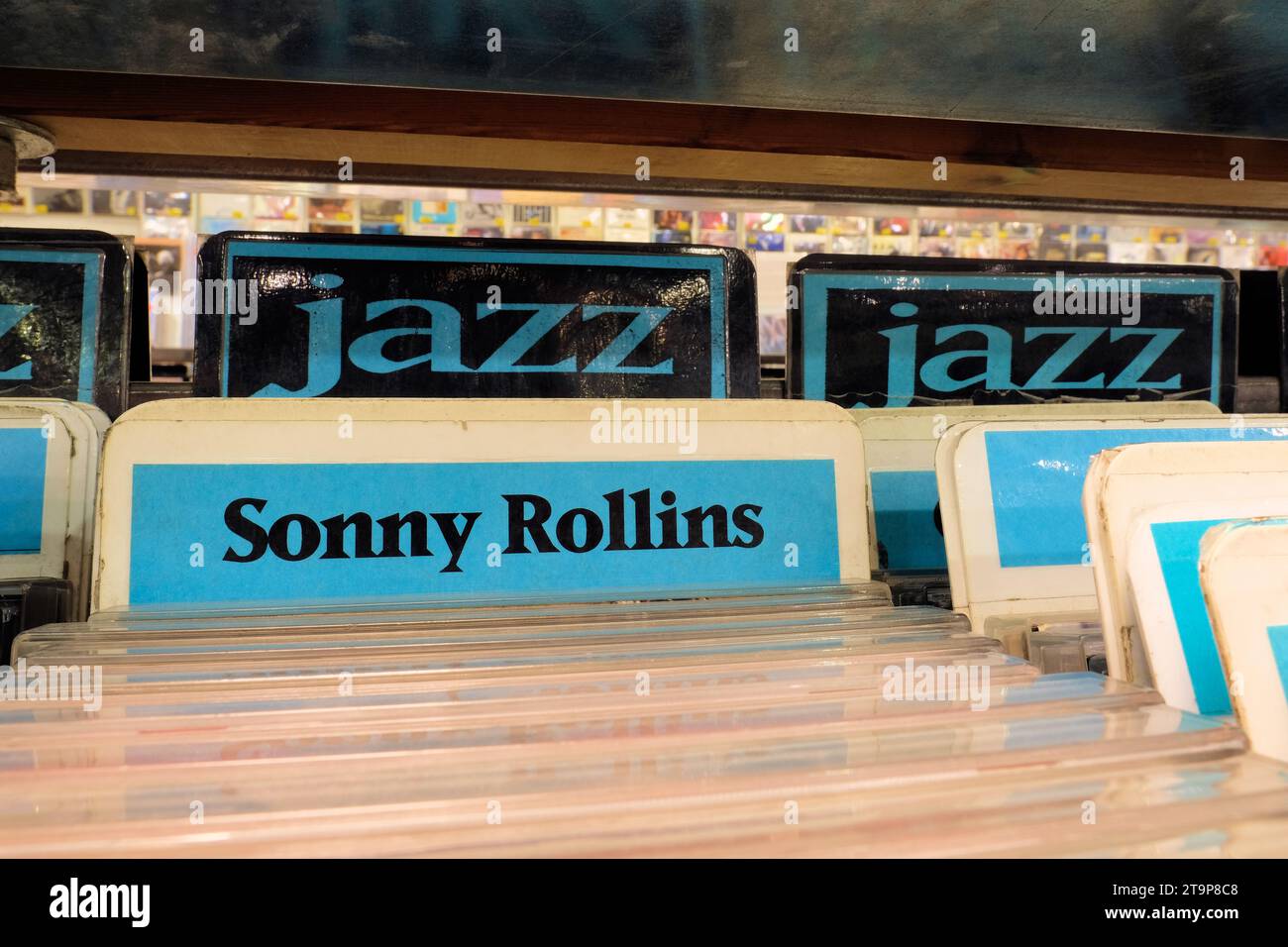 Das Label Sonny Rollins im Amoeba Music Store verwendete CD-Sektion für das Jazzgenre in San Francisco, Kalifornien. Stockfoto