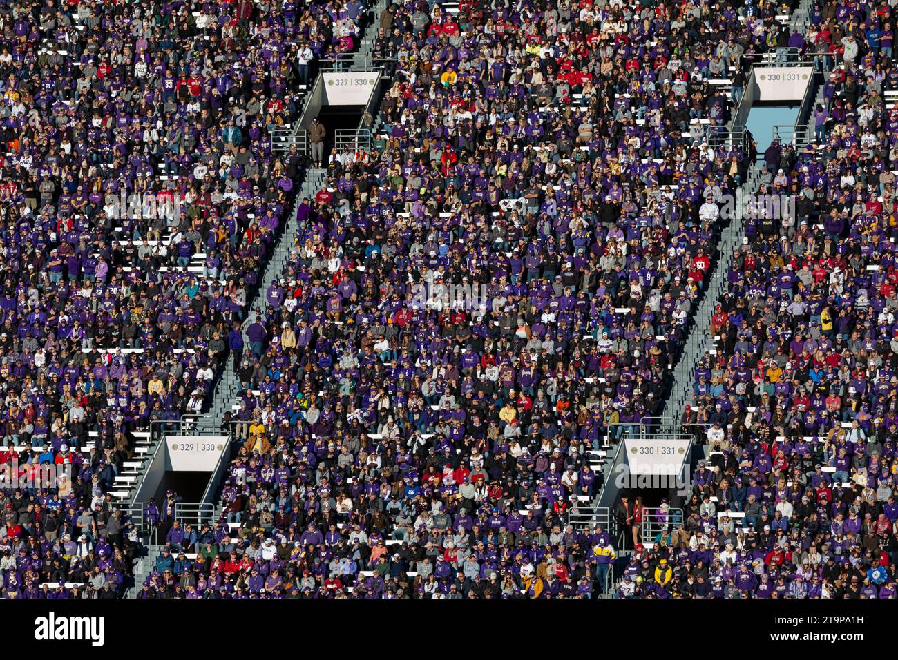 Zuschauer treffen sich im Husky Stadium, um die Washington Huskies beim 115. Jährlichen Apple Cup in Seattle auf Satur zu sehen, wie sie mit den Washington State Cougars konkurrieren Stockfoto