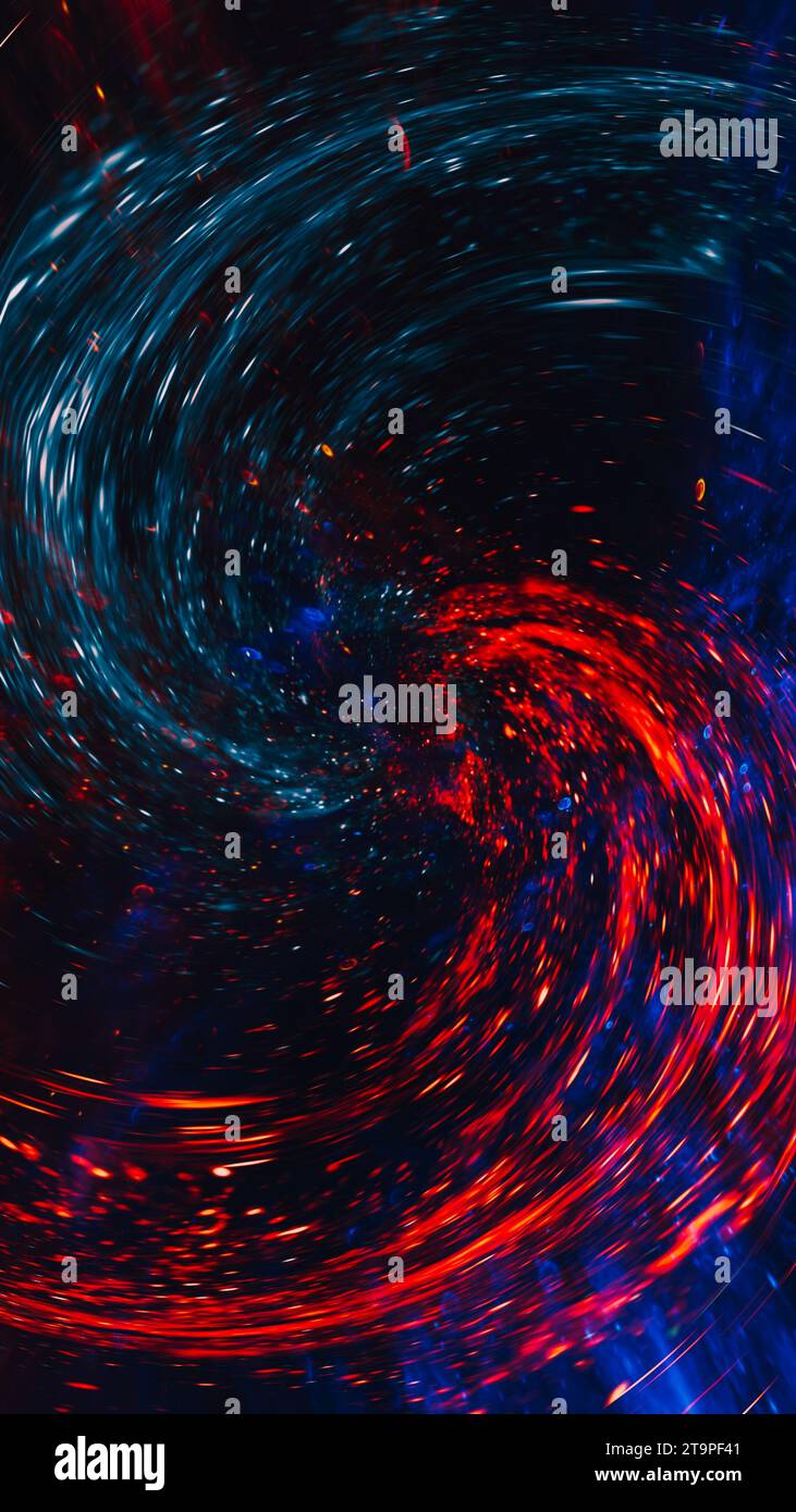 Magischer Swirl-Hintergrund blauer roter Sterne Weltraumportal Stockfoto
