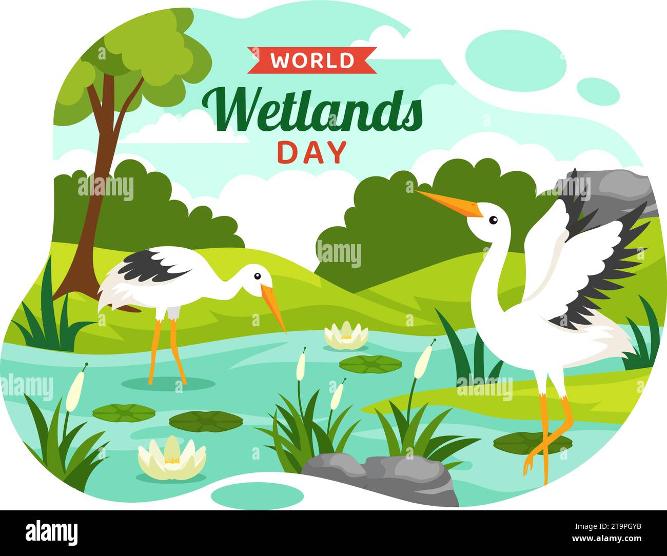 World Wetlands Day Vektor Illustration am 2. Februar mit Storch Tiere und Garten Hintergrund im Feiertag Flat Cartoon Design Stock Vektor