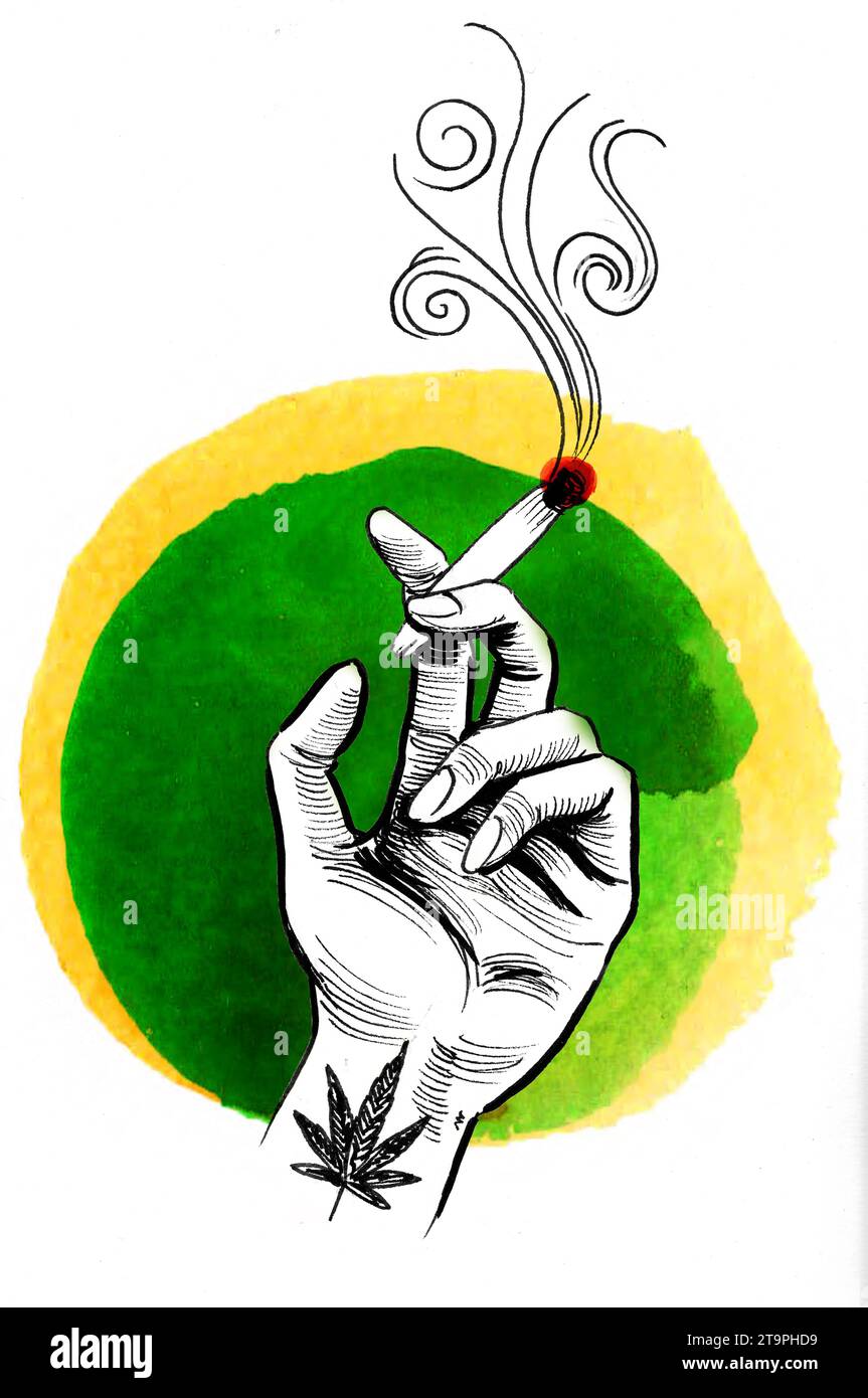 Hand mit einem rauchenden Marihuana-Joint. Handgezeichnete Tinte und Aquarellskizze Stockfoto