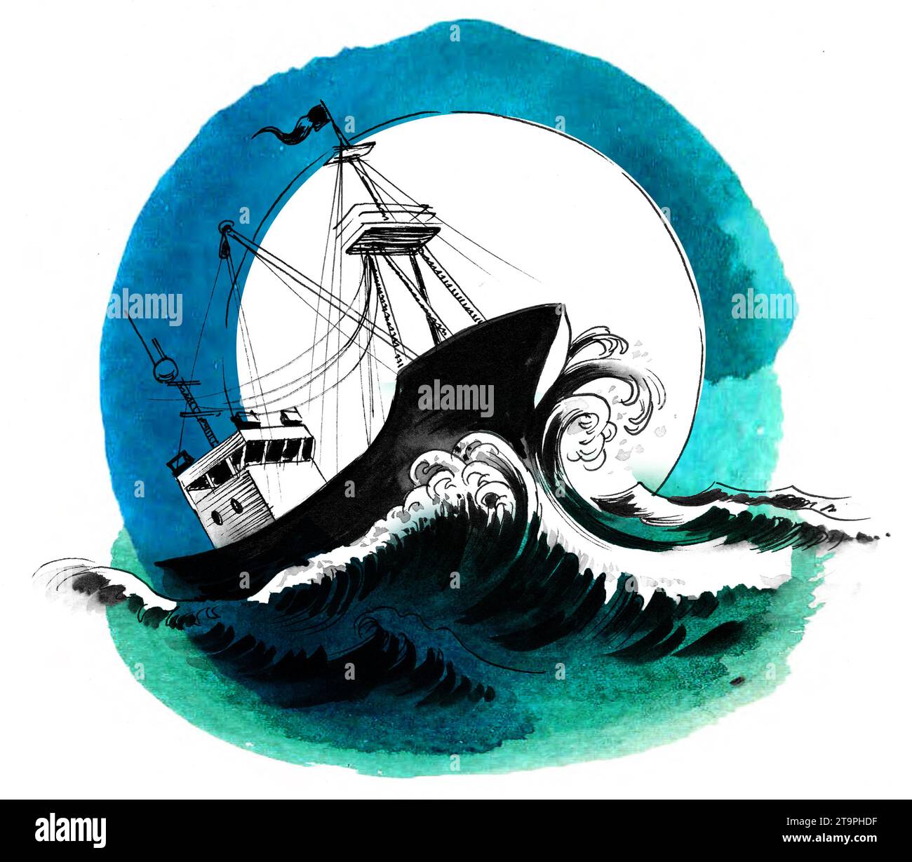 Fischfänger im Meer. Handgezeichnete Tinte und Aquarellskizze Stockfoto