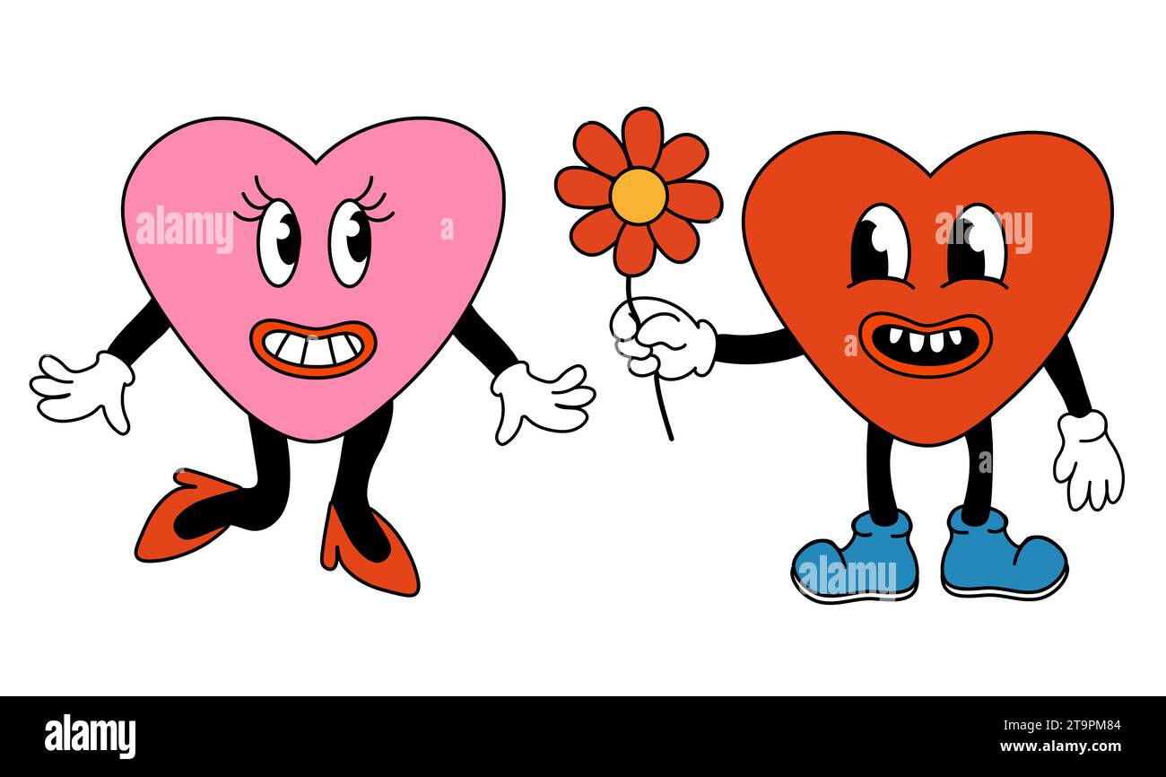 Retro 70er 60er 80er Jahre Hippie Groovy Valentinstag Lovely Hearts Charaktere. Mädchen und Junge verliebt. Blume schenken. Maskottchen im trendigen Cartoon-Stil Stock Vektor