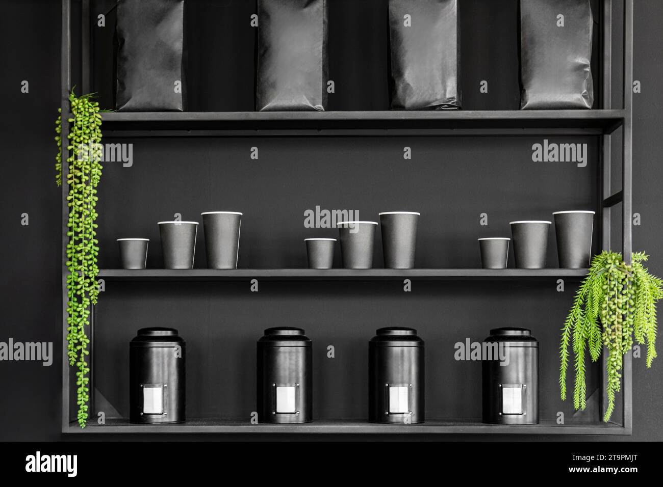 Modernes Display mit einer vielfältigen Auswahl an Kaffeeprodukten in stilvollen Regalen. Stockfoto