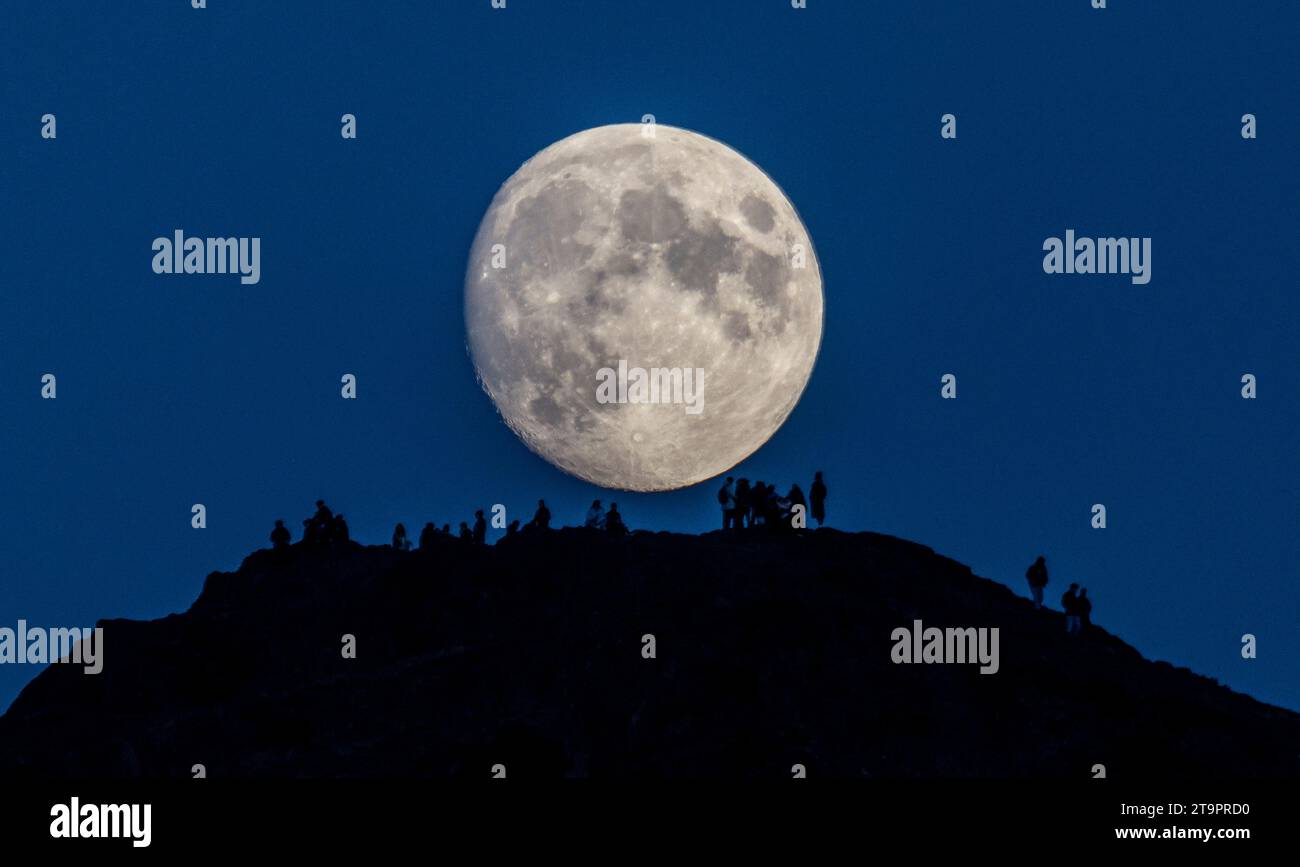 Wetter, Nachrichten, Arthurs Seat, Holyrood Park, Edinburgh, UK. November 2023. „Moonwalkers“. Versammeln Sie sich an einem kühlen frühen Abend auf dem Arthurs Seat im Zentrum von Edinburgh, um zu beobachten, wie der nahe Full Beaver Moon über ihnen aufsteigt. Von der Website der Royal Museums Grenwich: „Es gibt Uneinigkeit über den Ursprung des Bibermondnamens im November. Einige sagen, dass er von den Indianern stammt, die in diesem Monat Biberfallen gesetzt haben, während andere sagen, dass der Name von der starken Aktivität der Biber stammt, die ihre Winterdämme bauen. Ein anderer Name ist der Frostmond." Bildnachweis: phil wilkinson/Alamy Live News Stockfoto