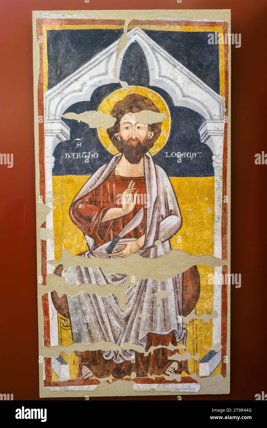 San Bartolomeo von Maestro del San Bartolomeo, Fresko, trockene Tempera, zweite Hälfte des 14. Jahrhunderts - Diözesanmuseum von Agrigento - Sizilien, Italien Stockfoto