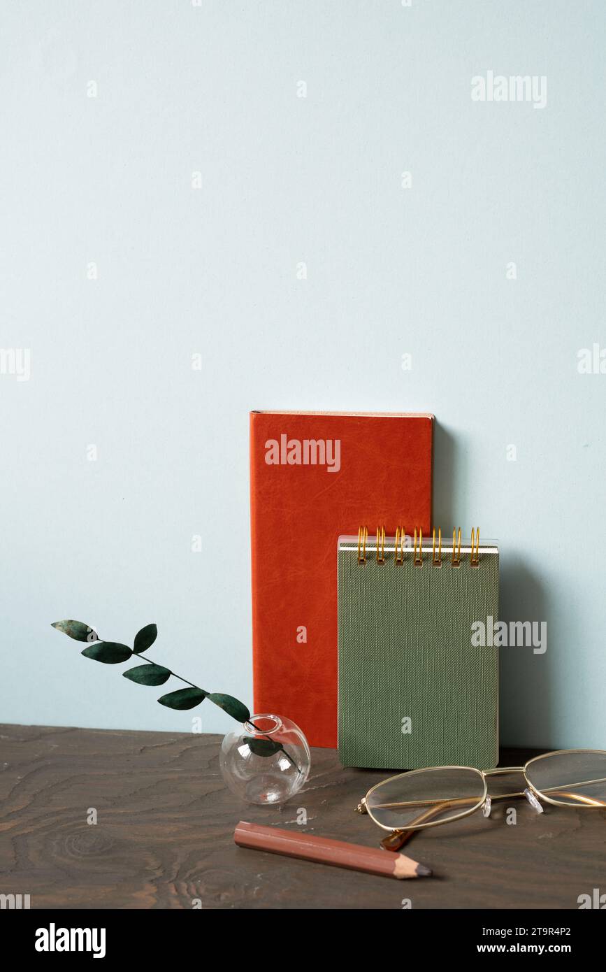 Schreibtisch mit Tagebuchnotiz, Brille, Bleistift, Pflanze auf Holztisch. Blauer Wandhintergrund Stockfoto