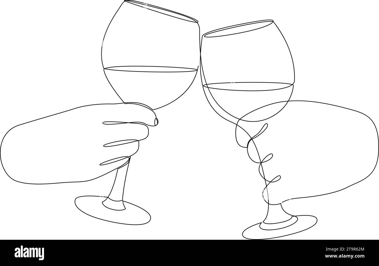 Durchgehende, einzeilige Zeichnung von Händen, die mit Gläsern Wein anfeuern. Einzeilige Zeichnung von Beifall des Weinglases. Minimalistischer Konturvektor illus Stock Vektor